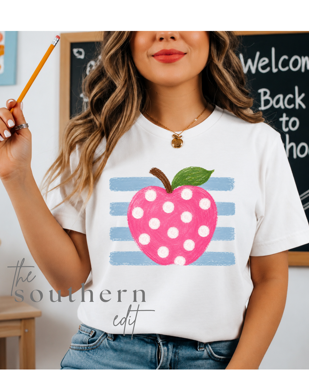 Pink Polka Dot Apple Teacher Tee