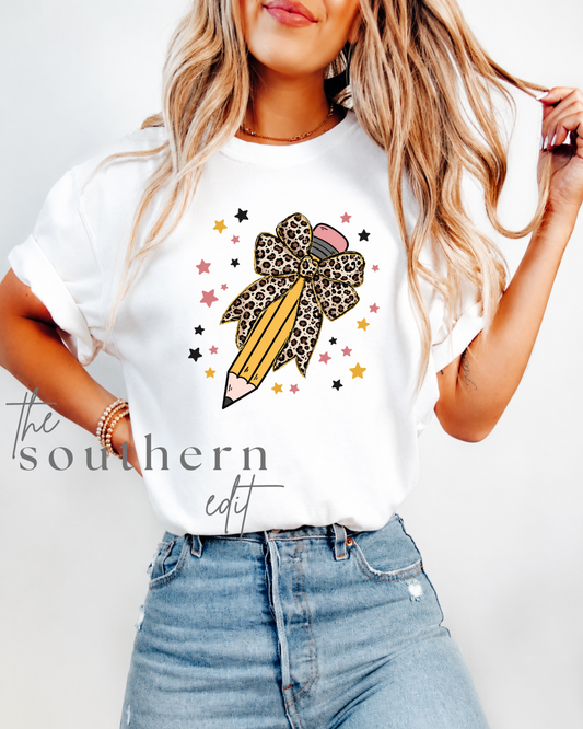 Leopard Pencil Bow Teacher Tee